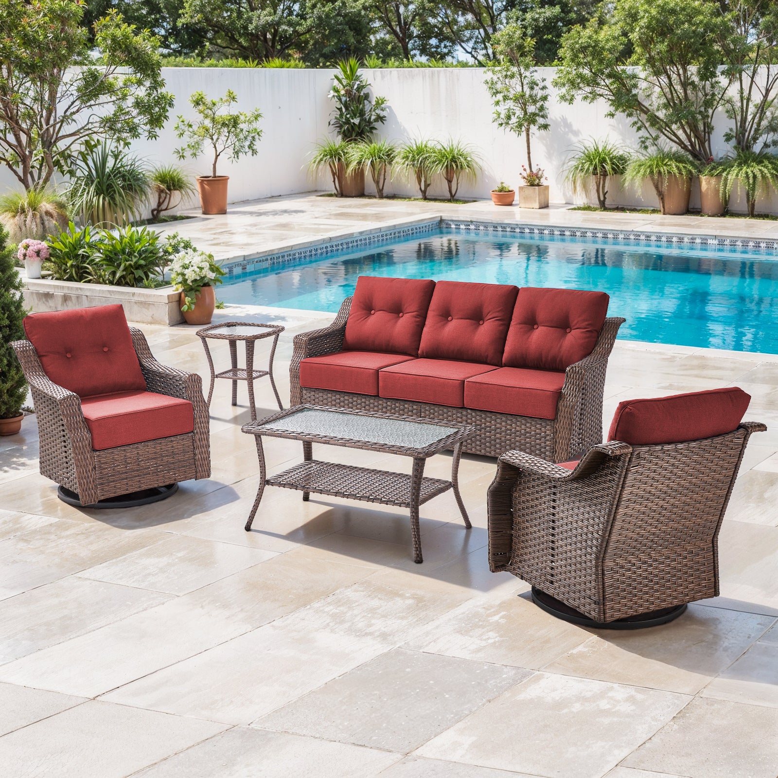 POCASSY 5PCS Brown Round Rattan Patio Furniture Set with 6" Thick Cushion, Outdoor Lounge Set with Swivel Chairs and Two-Tier Patio Coffee Table, Ideal Furniture Set for Porch Garden