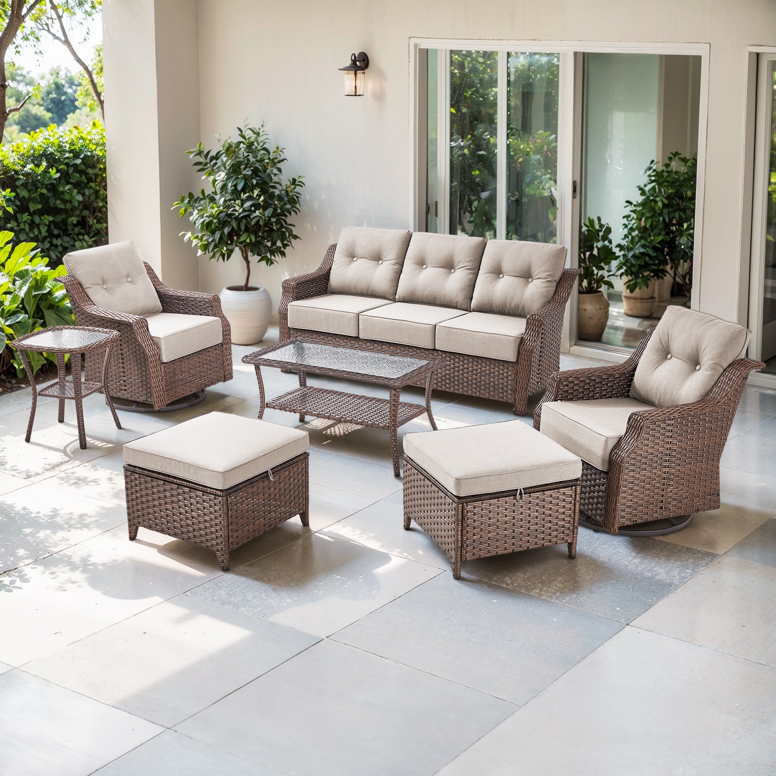 POCASSY 7 Pieces Patio Furniture Set, 6" Thick Cushion & All Weather Wicker Conversation Set with Coffee Table, Sofa, Swivel Rocking Chair, Ottoman and Side Table