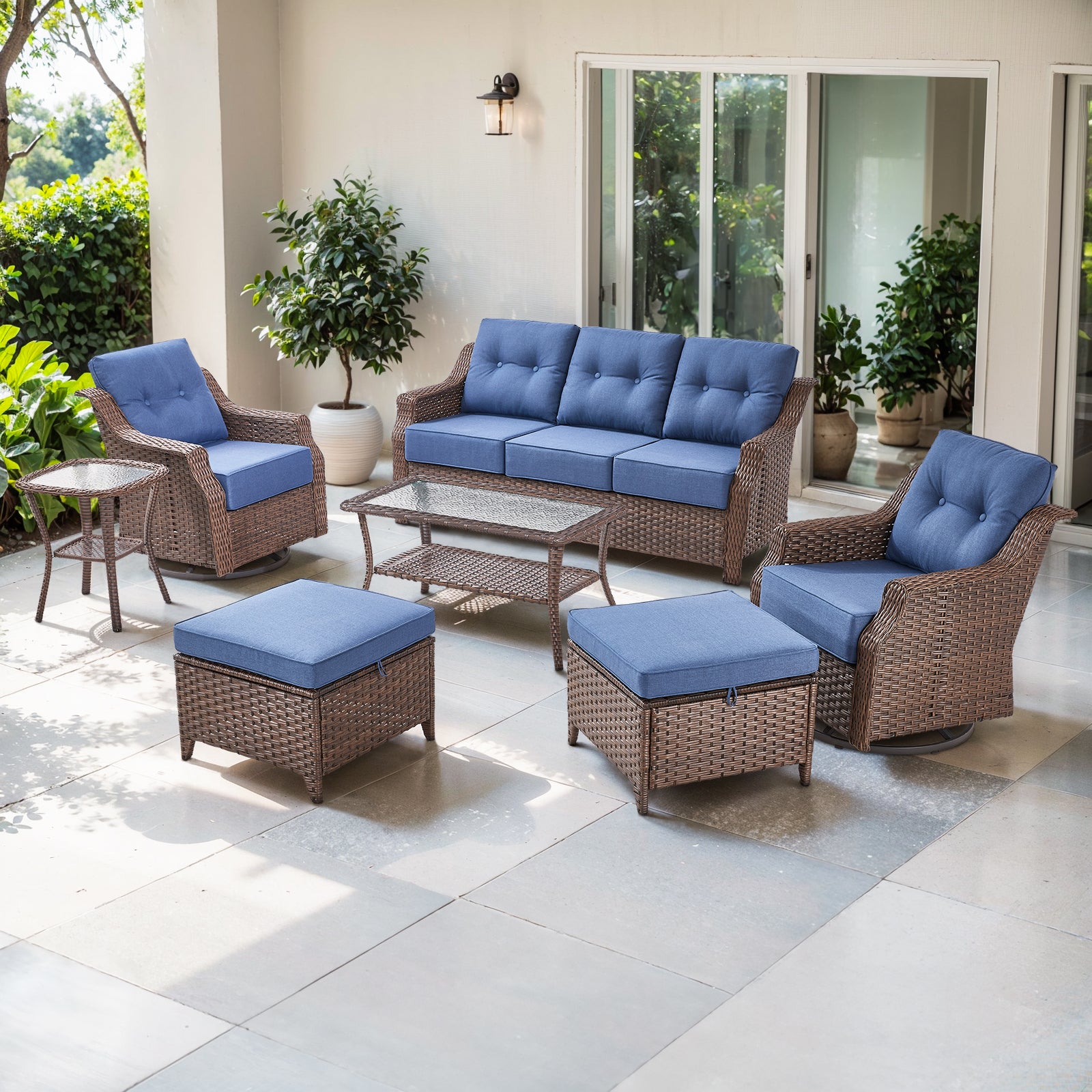 POCASSY 7 Pieces Patio Furniture Set, 6" Thick Cushion & All Weather Wicker Conversation Set with Coffee Table, Sofa, Swivel Rocking Chair, Ottoman and Side Table