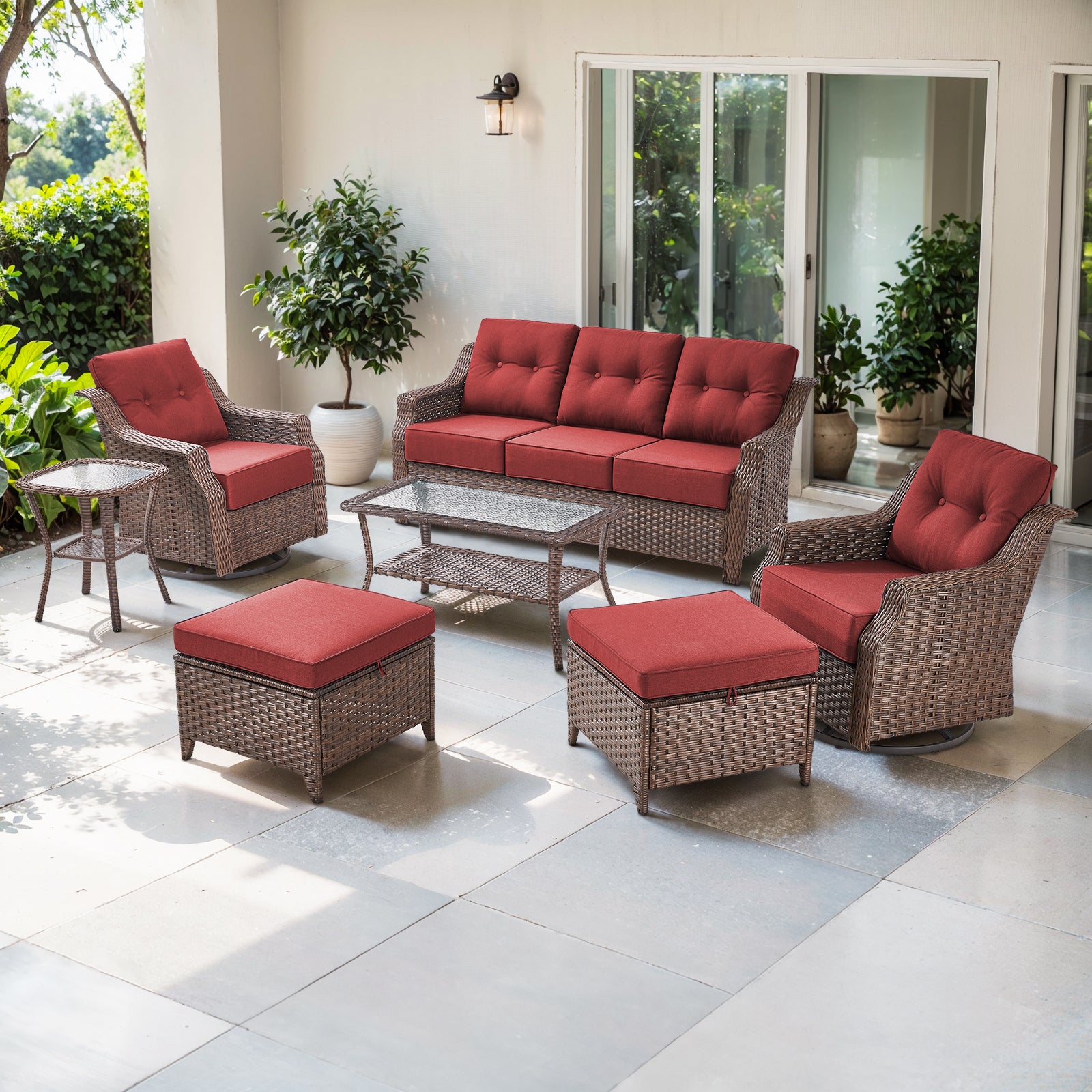 POCASSY 7 Pieces Patio Furniture Set, 6" Thick Cushion & All Weather Wicker Conversation Set with Coffee Table, Sofa, Swivel Rocking Chair, Ottoman and Side Table