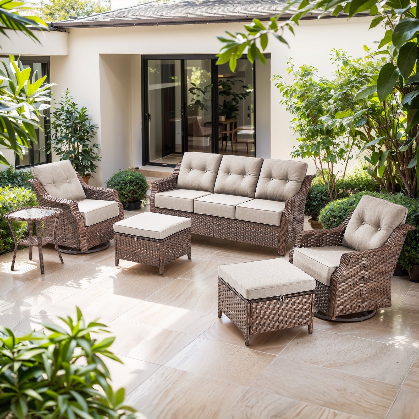 POCASSY 6PCS Outdoor Furniture Set with 6" Thick Cushion, Outdoor Sofa Couch Set with Swivel Chairs and Ottoman, Brown Wicker Patio Furniture Set for Porch Balcony