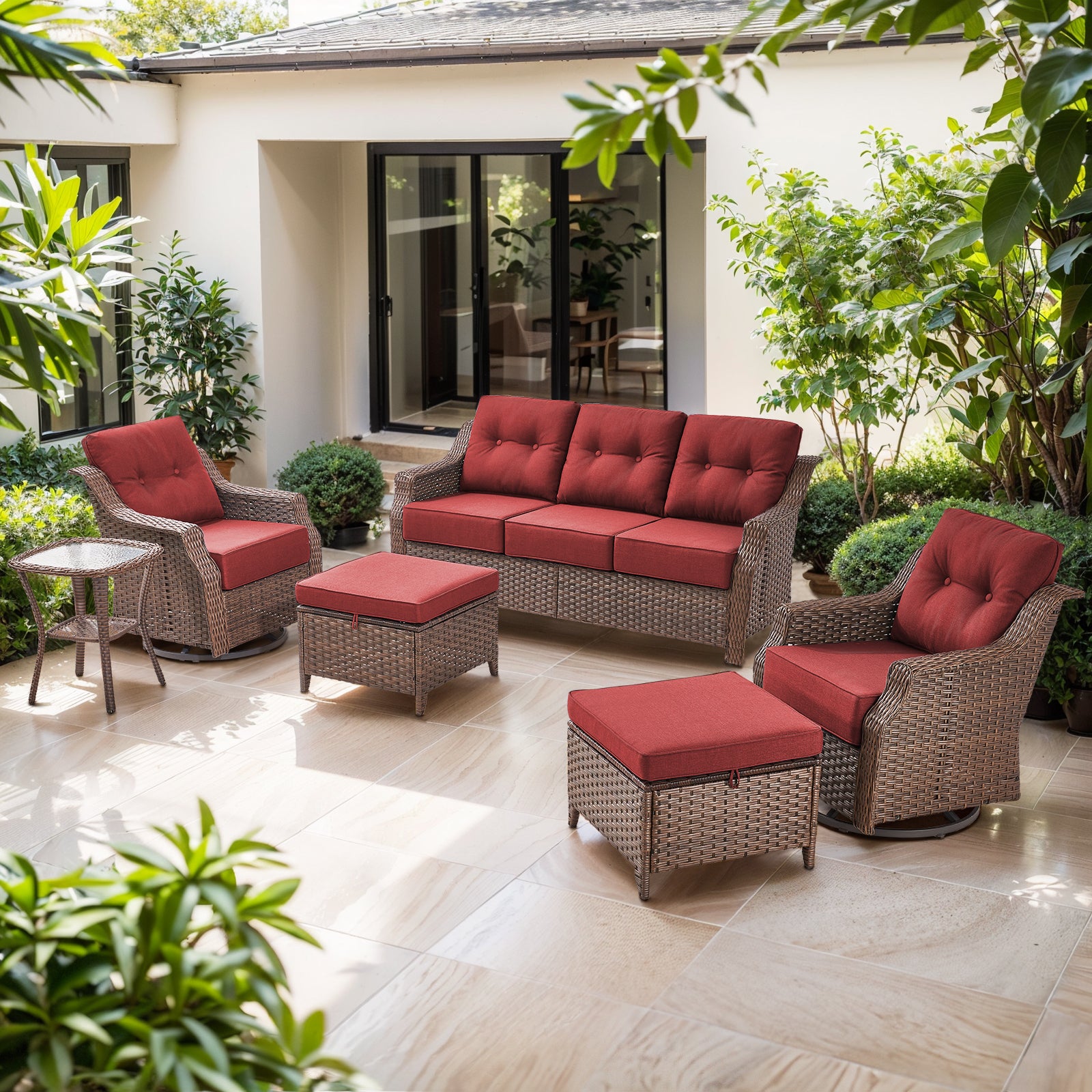 POCASSY 6PCS Outdoor Furniture Set with 6" Thick Cushion, Outdoor Sofa Couch Set with Swivel Chairs and Ottoman, Brown Wicker Patio Furniture Set for Porch Balcony