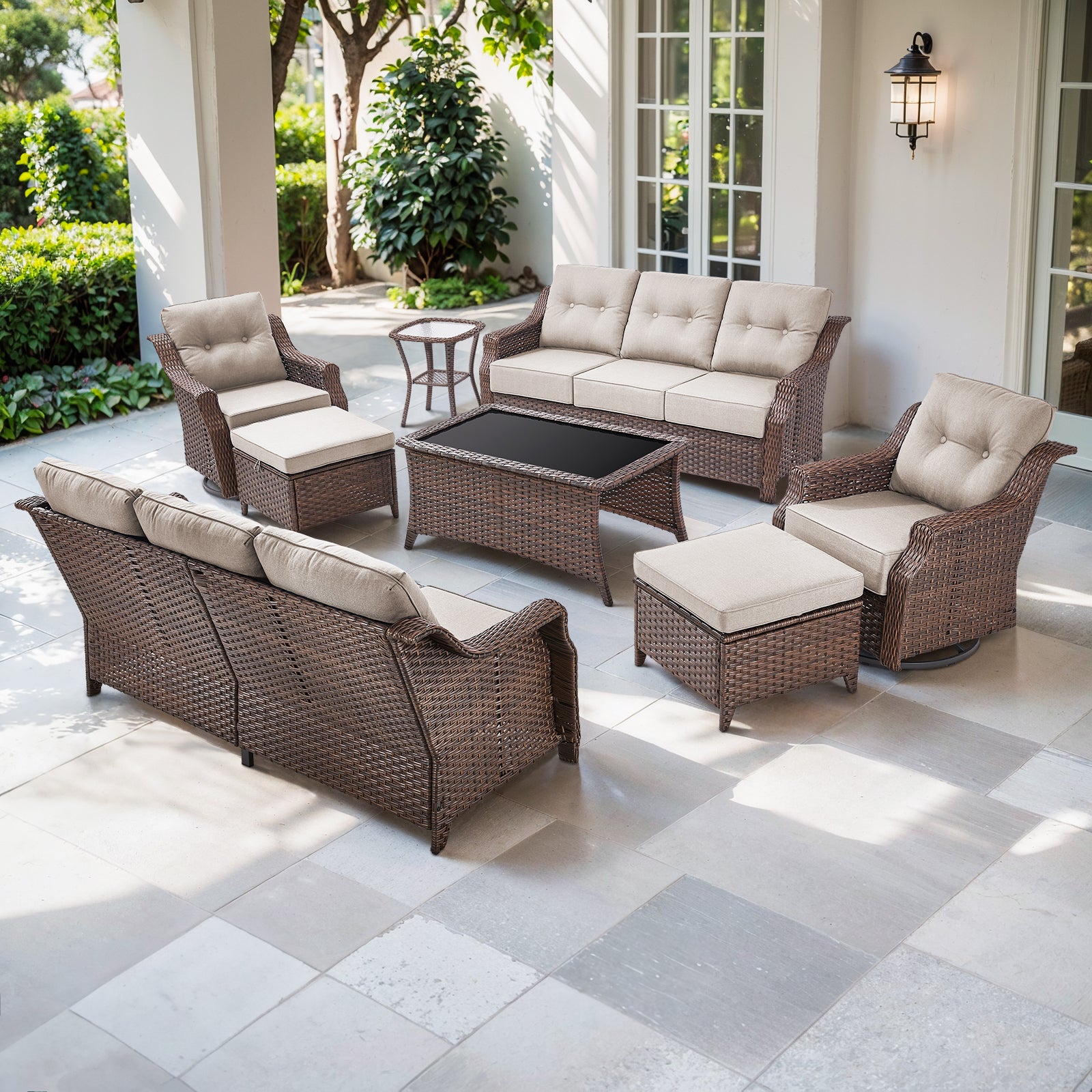 POCASSY 8-Piece Patio Furniture Set, 6" Thick Cushion & All Weather Brown Wicker Patio Set with Swivel Rocking Glider Chairs, Sofas, Coffee Table, Ottomans and Side Table, Ideal for Balcony, Deck