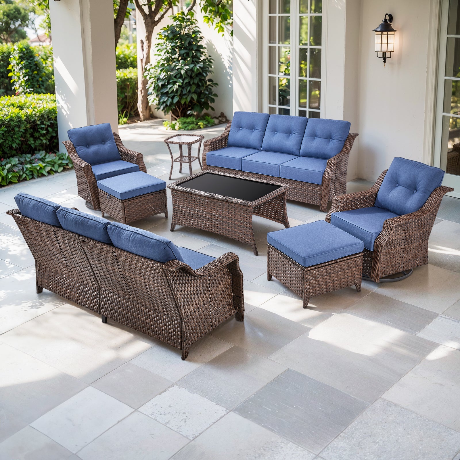 POCASSY 8-Piece Patio Furniture Set, 6" Thick Cushion & All Weather Brown Wicker Patio Set with Swivel Rocking Glider Chairs, Sofas, Coffee Table, Ottomans and Side Table, Ideal for Balcony, Deck