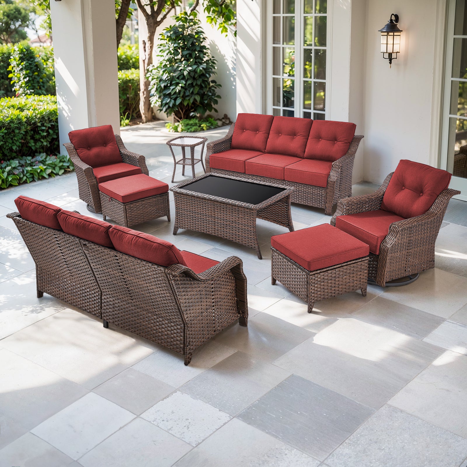 POCASSY 8-Piece Patio Furniture Set, 6" Thick Cushion & All Weather Brown Wicker Patio Set with Swivel Rocking Glider Chairs, Sofas, Coffee Table, Ottomans and Side Table, Ideal for Balcony, Deck