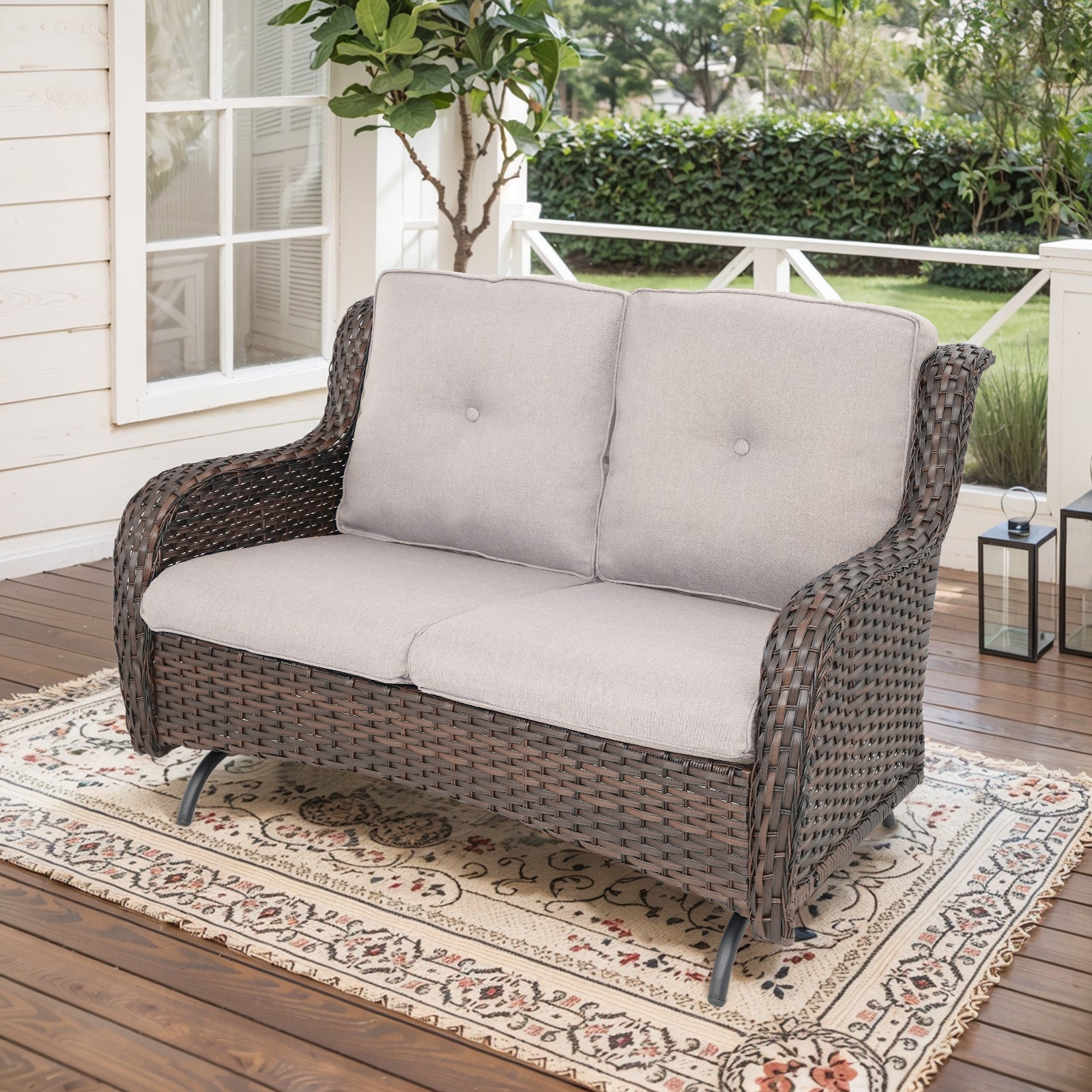 POCASSY 52" Width Outdoor Loveseat, Rocking Glider All Weather Wicker Patio Loveseat with Deep Seat for Porch Balcony and Backyard
