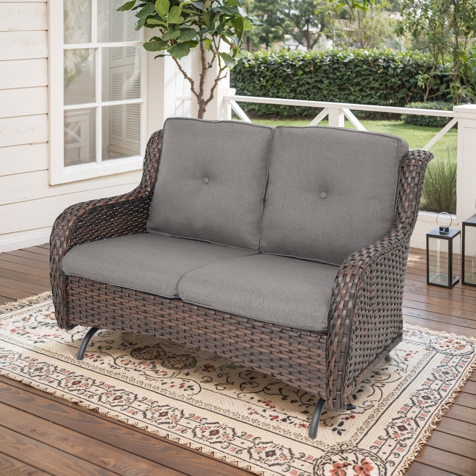 POCASSY 52" Width Outdoor Loveseat, Rocking Glider All Weather Wicker Patio Loveseat with Deep Seat for Porch Balcony and Backyard