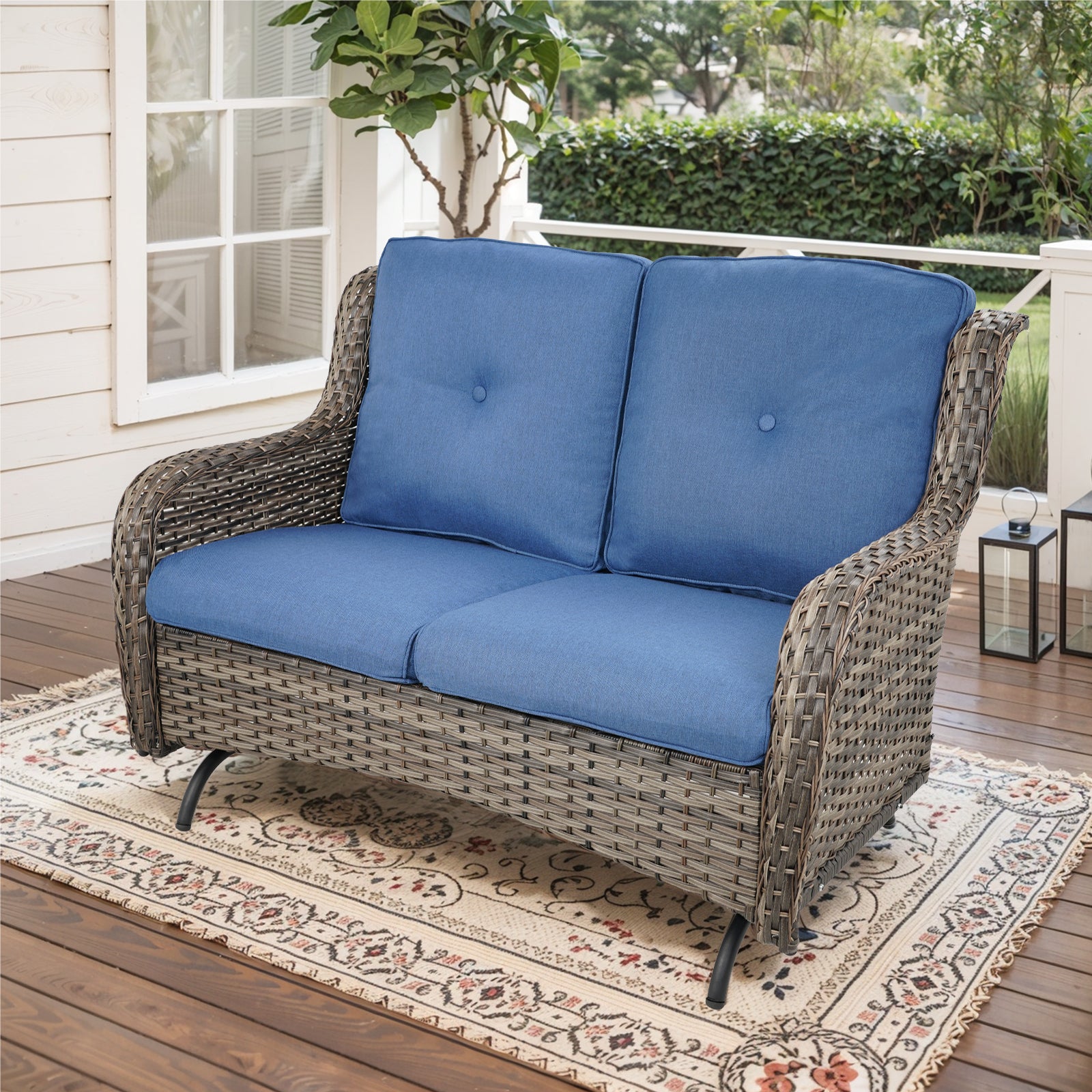 POCASSY 52" Width Outdoor Loveseat, Rocking Glider All Weather Wicker Patio Loveseat with Deep Seat for Porch Balcony and Backyard