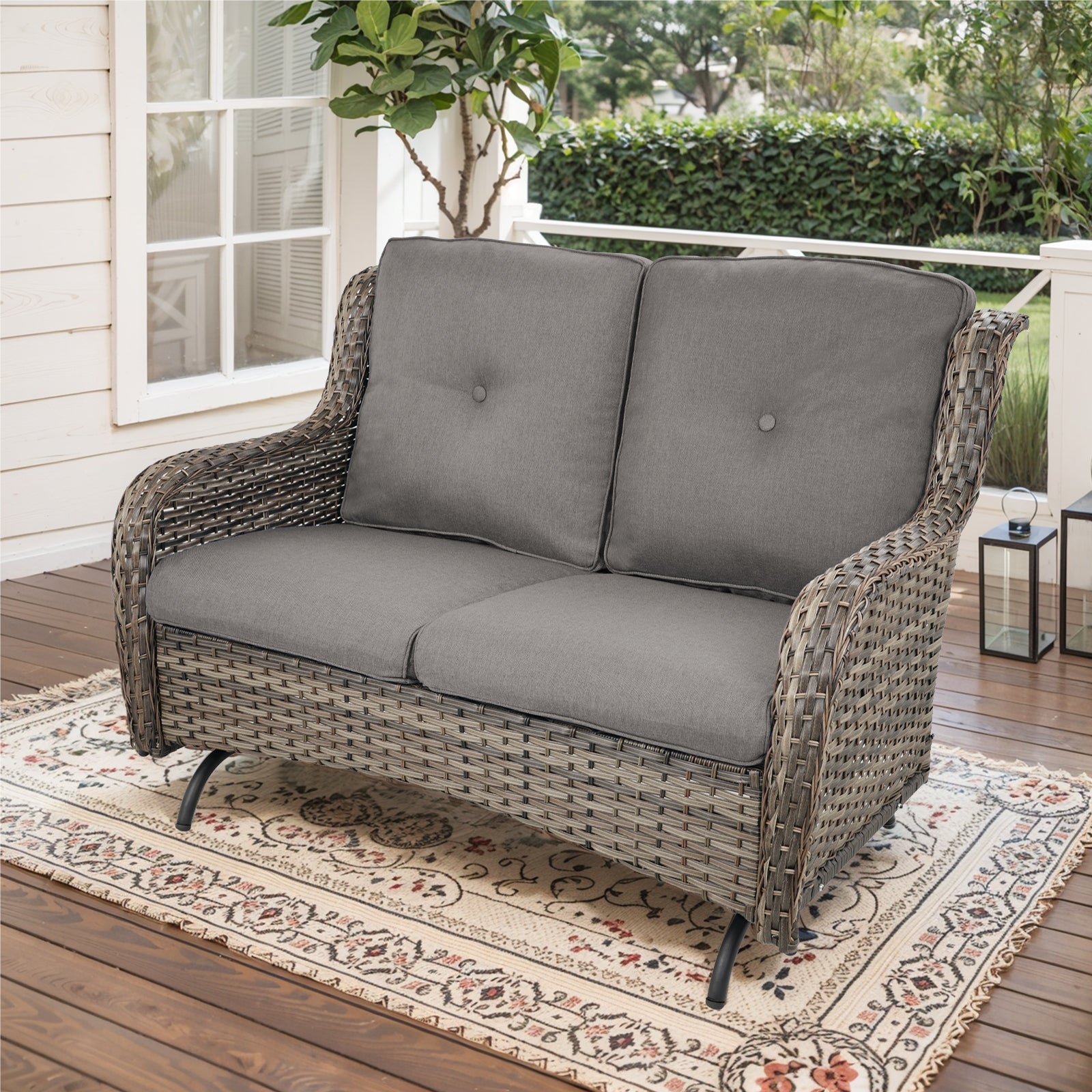 POCASSY 52" Width Outdoor Loveseat, Rocking Glider All Weather Wicker Patio Loveseat with Deep Seat for Porch Balcony and Backyard