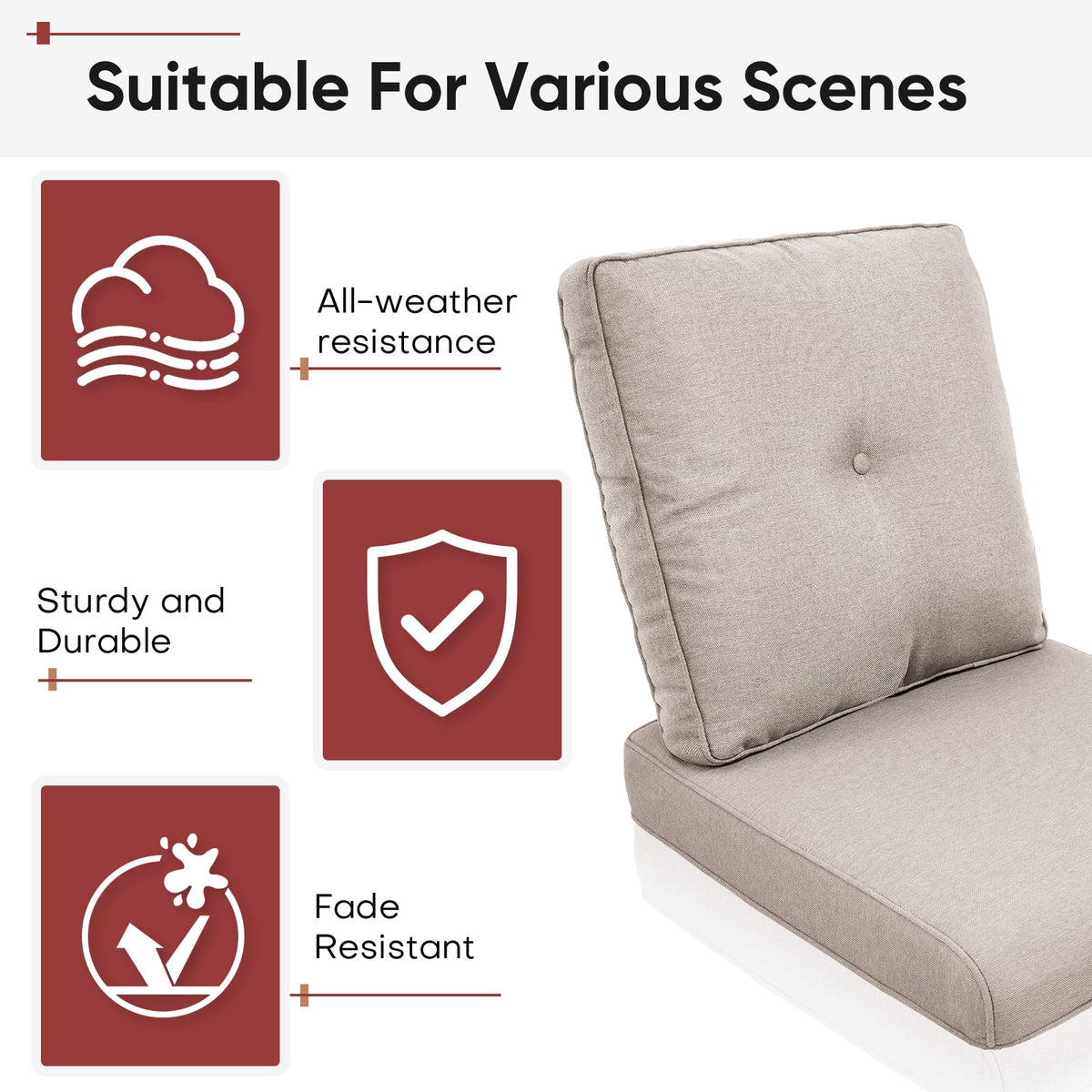 POCASSY Patio Furniture Cushions Set, 22.5"*22.5" Outdoor Cushion for Patio Furniture, Water Resistant, Fade Resistant, Deep Seat Seat and Back Cushion for Chair, Sofa, and Couch